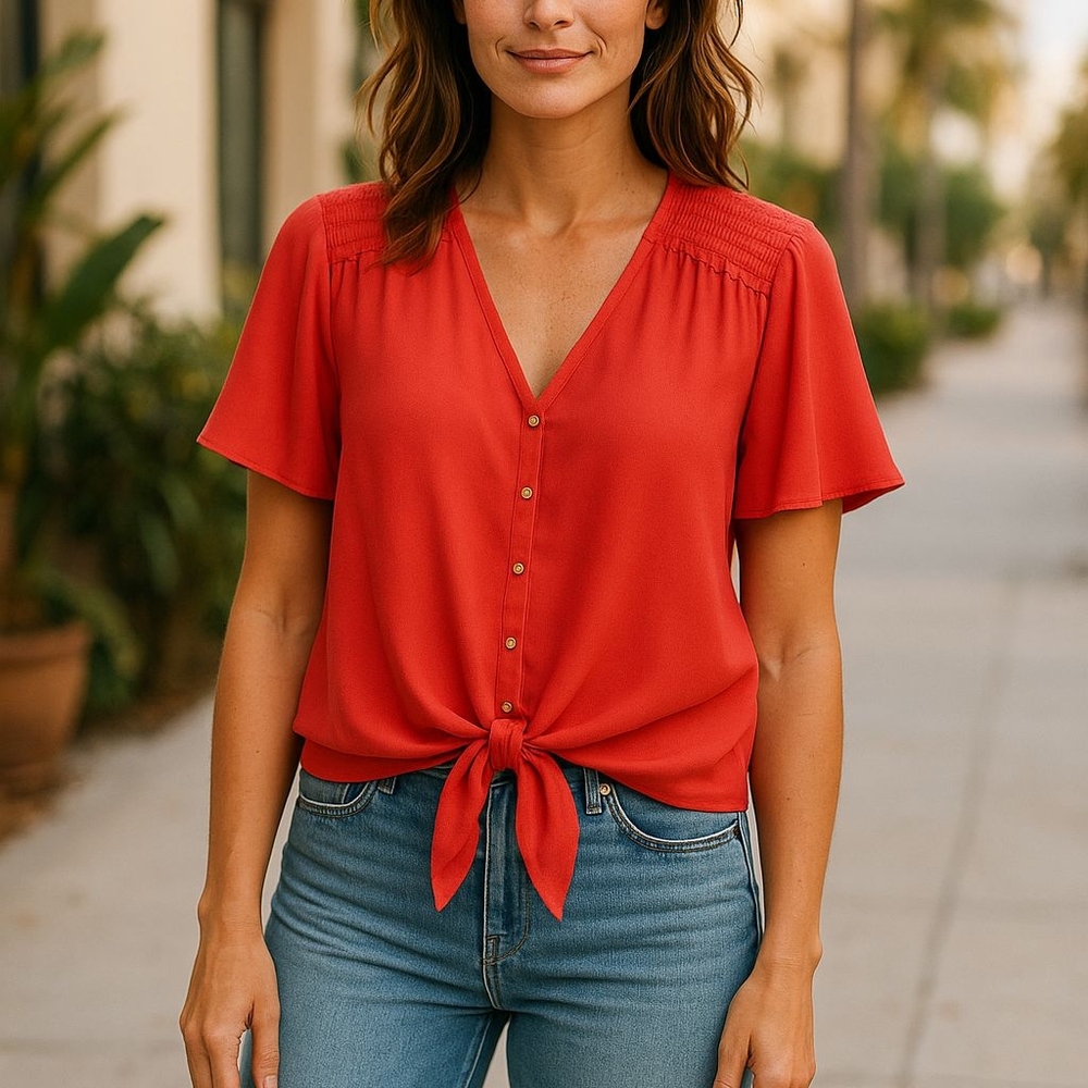 Women's Red Button-Down Tie-Front Top